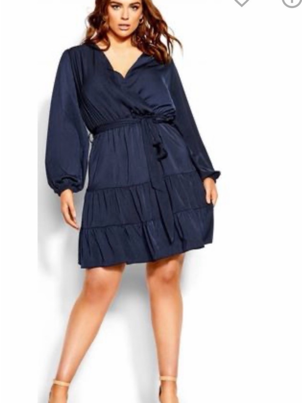 City Chic Navy Tiered Long-Sleeve Wrap Dress